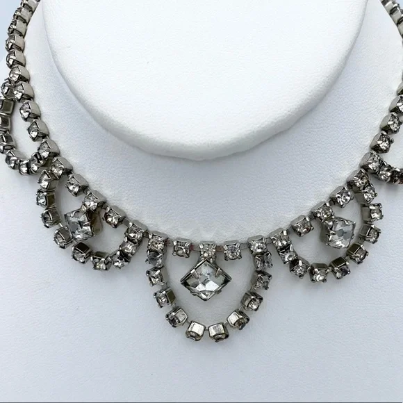 Vintage Clear Rhinestone Faux Diamond Ornate Choker Necklace - Picture 11 of 13
